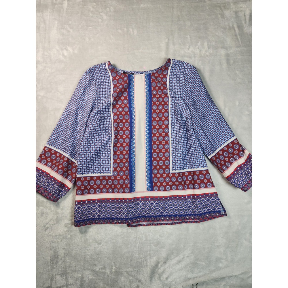 Talbots Women's Blouse Red/ Blue Print Sz M Petite 3/4 Sleeves Coastal Preppy